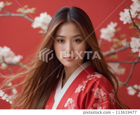 Girl against the background of sakura. Girl against the background of sakura. 113619477
