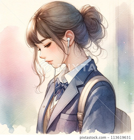 Female student listening to music with earphones 2 [AI generated image] 113619631