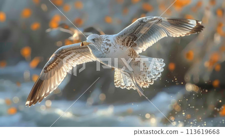 Generative ai illustration of a Yellow legged gull Larus michahellis juvenile bird Generative ai illustration of a Yellow legged gull Larus michahellis juvenile bird 113619668
