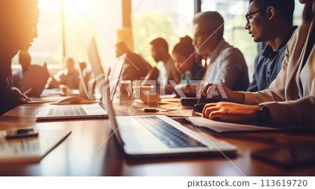 Meeting collaboration buzz in a dynamic and bustling office 113619720