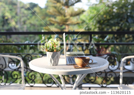 tea cup on a wooden work table outside with side view of Laptop  and plant pot balcony outdoor 113620115