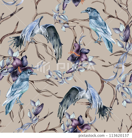 Mystical seamless pattern with watercolor crow isolated on neutral color. Autumn winter woodland with black bird. Dark forest with dry branches and botanical flowers hand drawn. For package, textile Mystical seamless pattern with watercolor crow isolated on neutral color. Autumn winter woodland with black bird. Dark forest with dry branches and botanical flowers hand drawn. For package, textile 113620137