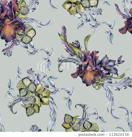 Black floral watercolor illustration and feathers isolated on blue. Gothic flowers seamless pattern drawn. Dark botanical print with lily, iris. Element for package, wedding, Valentine background 113620138