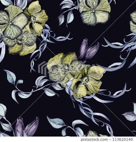 Watercolor dark green flowers and foliage isolated on black. Gothic floral seamless pattern drawn. Botanical art packaging with hellebore, leaves. Design for textile, backdrop, black wedding, paper Watercolor dark green flowers and foliage isolated on black. Gothic floral seamless pattern drawn. Botanical art packaging with hellebore, leaves. Design for textile, backdrop, black wedding, paper 113620140