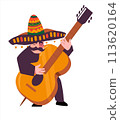 Mariachi. Expressive Mexican musician with cello wearing traditional sombrero. Vector illustration isolated on white background. 113620164