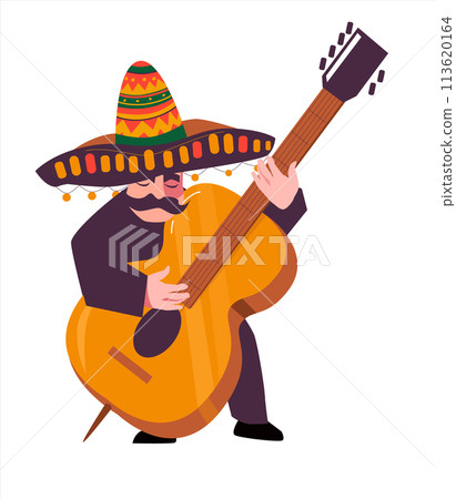 Mariachi. Expressive Mexican musician with cello wearing traditional sombrero. Vector illustration isolated on white background. 113620164