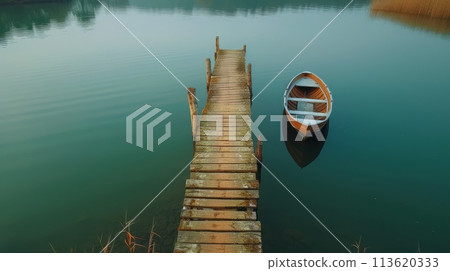 Serene Winter Morning by the Lake With a Lone Boat Waiting at the Dock 113620333