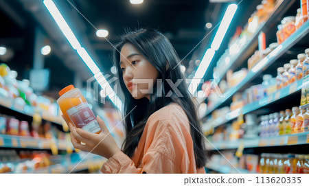 A woman stands in a grocery store aisle, carefully comparing products on the shelves. The process of informed decision-making while shopping. Generative AI. 113620335