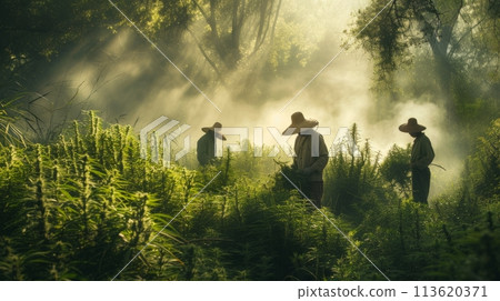 Workers gather ripe cannabis buds during the harvest season 113620371