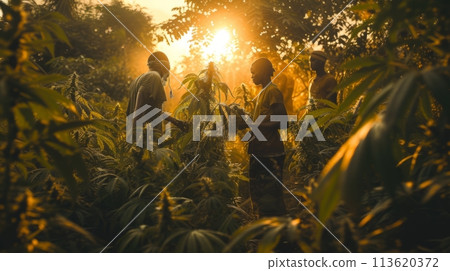 Workers gather ripe cannabis buds during the harvest season 113620372