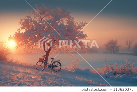 Enchanting Winter Wonderland by the Lake at Sunrise With a Lone Old Tree and a Bicycle 113620373