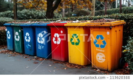 Array of Recycling Bins Promoting Eco-Friendliness. World Environment Day Concept. 113620388