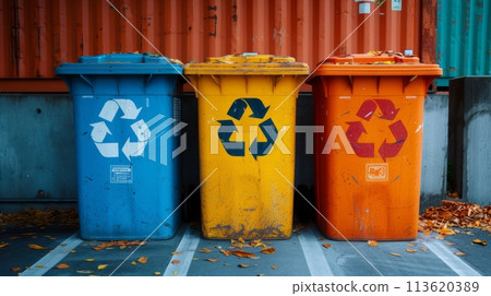 Array of Recycling Bins Promoting Eco-Friendliness. World Environment Day Concept. 113620389