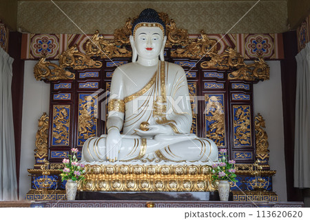 White Gautama Buddha Statue Sitting on Lotus. White Gautama Buddha Statue Sitting on Lotus. 113620620