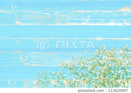Shabby painted blue wooden deck and baby's breath background Shabby painted blue wooden deck and baby's breath background 113620907