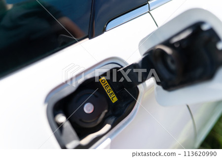 Close-up of a diesel fuel pump injector inserted into the fuel tank of a white car. Inscription Diesel. 113620990