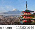 Mount Fuji, Chureito Pagoda and cherry blossoms in full bloom 113621049
