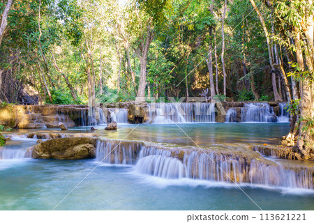wonder Waterfall in deep rain forest jungle (Huay Mae Kamin Waterfall National Park in Kanchanaburi Province, Thailand) 113621221