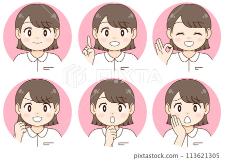 A set of six different facial expressions and poses for a young female nurse (or caregiver) (circle cut out) 113621305