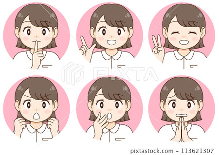 A set of six different facial expressions and poses for a young female nurse (or caregiver) (circle cut out) 113621307