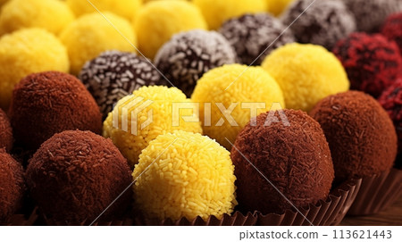 brigadeiro made of milk, cocoa, butter adorned with colorful sprinkles 113621443