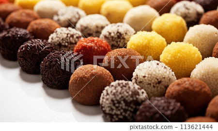 Line of brigadeiro balls adorned with multicolored sprinkles 113621444