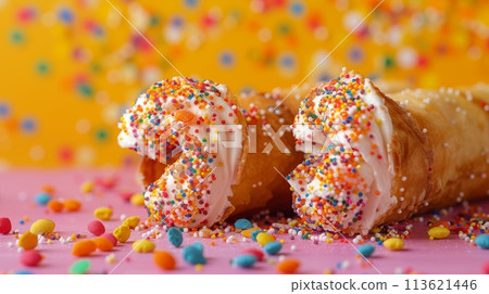 Crispy cannoli shells, sweet cream, sprinkle topping 113621446