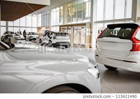 Exterior of new brand fully electric suv car in light dealership. 113621490