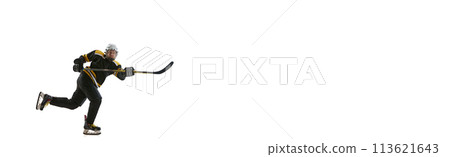 Male hockey player in motion during game, training isolated on white background Male hockey player in motion during game, training isolated on white background 113621643