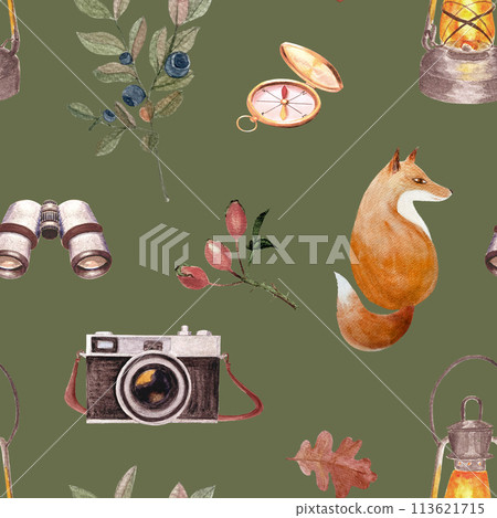 Fox with a binocular, rose hip twig watercolor seamless pattern on green background. Hand drawn high quality art in simple flat style for woodland kids designs, textile, interior decor, stickers, logo Fox with a binocular, rose hip twig watercolor seamless pattern on green background. Hand drawn high quality art in simple flat style for woodland kids designs, textile, interior decor, stickers, logo 113621715