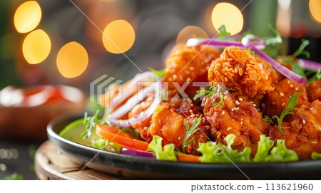Hot and spicy fried chicken paired with fresh, crisp vegetables 113621960