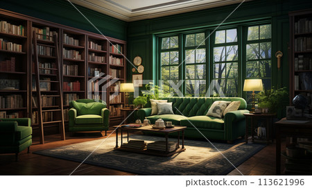 3D rendering of a green vintage library interior with bookshelves, green sofa and bookcase 113621996