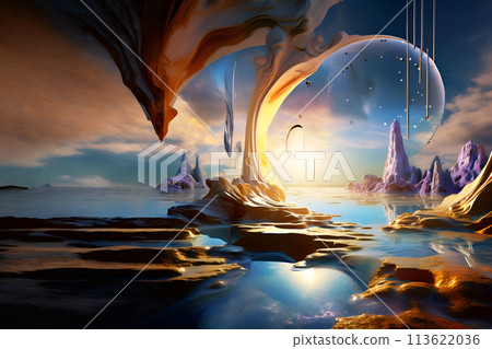 abstract colorful four-4  Dimension, time portal  with ocean and golden sunset. fantasy concept. Ai generated 113622036