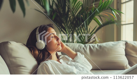 Woman relaxing at home listening to music with headphones in modern cozy interior with green plants 113622057
