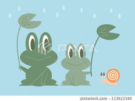 青蛙和蝸牛拿著葉傘的插圖 113622380