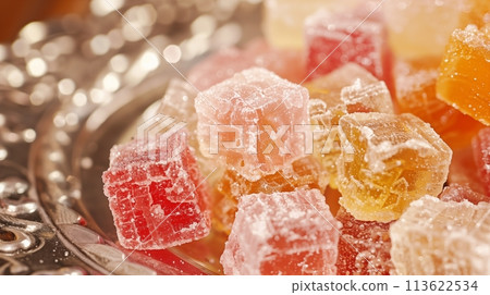 Turkish delight Colorful sugar coated starch cubes in cube shapes 113622534