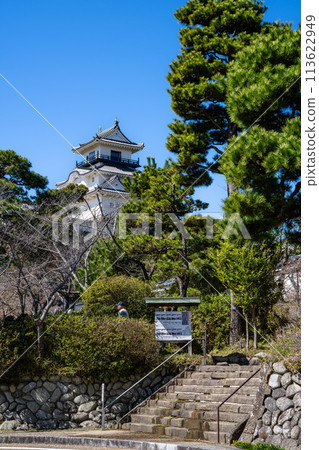 掛川城（靜岡縣），春天的城堡塔樓，背景是清澈的藍天 113622949