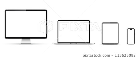 Cellphone, tablet, laptop and computer monitor with blank screen mockup 113623092