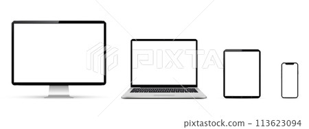 Realistic monitor computer, laptop, tablet, smartphone. Modern digital devices. Realistic monitor computer, laptop, tablet, smartphone. Modern digital devices. 113623094