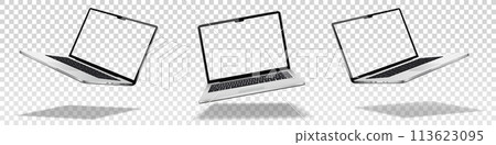 Flying laptop mock up with transparent screen isolated 113623095