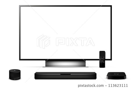Modern oled tv with sound bar, tv set-top box and smart speaker Modern oled tv with sound bar, tv set-top box and smart speaker 113623111