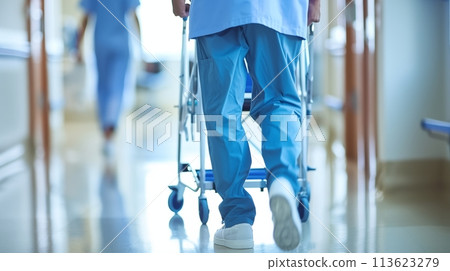 Male nurse guiding walker for patient's rehabilitation 113623279