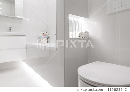 Interior bathroom with white tiles 113623342