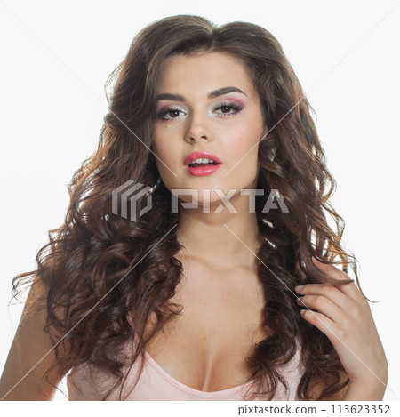Happy fashion model with perfect clear skin, long curly hairstyle and make-up Happy fashion model with perfect clear skin, long curly hairstyle and make-up 113623352
