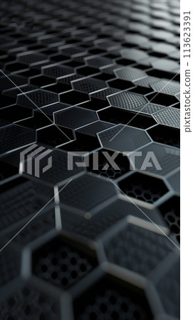 Close Up View of Black Hexagonal Tile 113623391