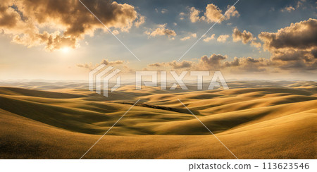 Landscape bathed in the glow of a radiant sun embodying minimalism 113623546