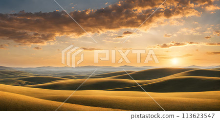 Landscape bathed in the glow of a radiant sun embodying minimalism Landscape bathed in the glow of a radiant sun embodying minimalism 113623547