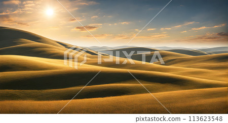 Landscape bathed in the glow of a radiant sun embodying minimalism Landscape bathed in the glow of a radiant sun embodying minimalism 113623548