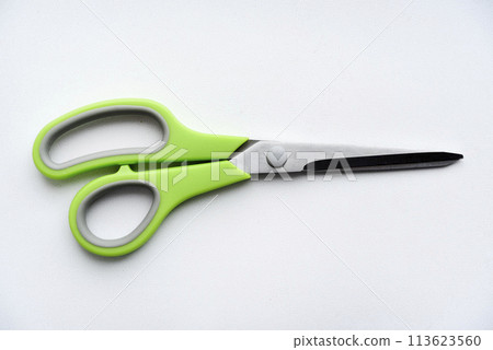 Sewing scissors on a white background. Green scissors. 113623560