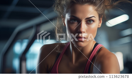 Young woman in fitness attire, exercising for health 113623678